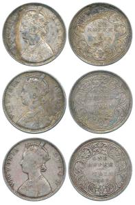 Victoria Queen, Silver Rupee (3), 1862, Bombay Mint, obv. B, rev. II, top 2 dots, Second Y