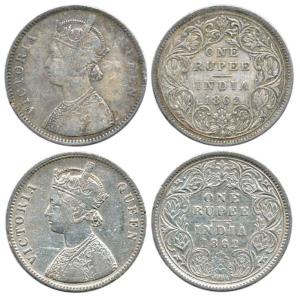 Victoria Queen, Silver Rupee (2), 1862, obv. A, rev. I, no dots, obv. A, rev. II, bottom 4