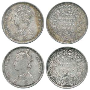 Victoria Queen, Silver Rupee (2), 1862, Bombay Mint, obv. A, rev. II, top 1 dot, bottom 1 