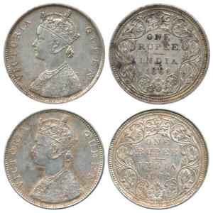 Victoria Queen, Silver Rupee (2), 1862, obv. B, rev. II, top 2 dots, bottom no dot. Fine+ 