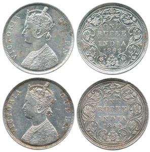Victoria Queen, Silver Rupee (2), 1862, obv. B, rev. II, bottom 3 dots. Very Fine+, Scarce