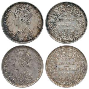 Victoria Queen, Silver Rupee (2), 1862, obv. A, rev. II, bottom 7 dots, obv. C, rev II, to