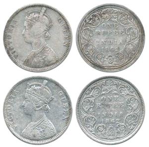 Victoria Queen, Silver Rupee (2), 1862, obv. A, rev. I, top 1 dot, bottom 2 dots, obv. A, 