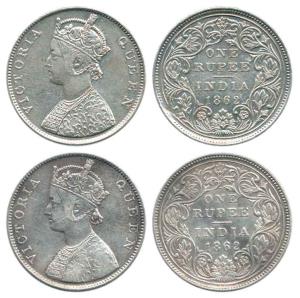 Victoria Queen, Silver Rupee (2), 1862, obv. B, rev. II, no dots, Madras Mint (Scarce), ob