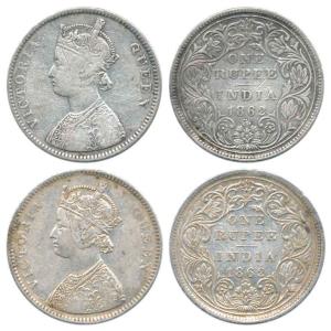 Victoria Queen, Silver Rupee (2), 1862, obv. A, rev. II, bottom 4 dots. Pattern of dots ar