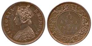 Victoria Empress, Proof Copper, 1/12 Anna, 1877, (Prid #804). Proof Restrike, Scarce.