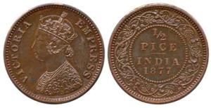 Victoria Empress, Proof Copper, ½ Pice, 1877. Proof Restrike, Rare.