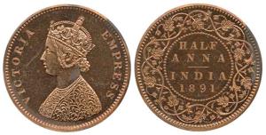 Victoria Empress, Proof Cooper, ½ Anna, 1891. Proof Restrike, Rare.