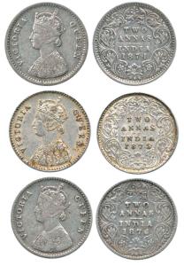 Victoria Queen, Silver 2 Annas (3), 1874, 1875 and 1876. Fine+ to Very Fine+. (3)