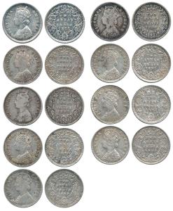 Victoria Empress, Silver 2 Annas (9), 1877, 1882, 1885, 1888, 1889, 1891, 1892, 1896 and 1