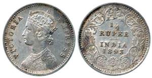 Victoria Empress, Silver ¼ Rupee, 1893, Calcutta Mint, obv. C, rev. II, ’C’ Incuse. Very F