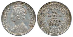 Victoria Empress, Silver ¼ Rupee, 1896, Calcutta Mint, obv. C, rev. II, ’C’ Incuse. Very F