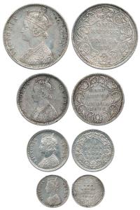 Victoria Queen, Silver (4), Set of 4: Rupee, ½ Rupee, ¼ Rupee and 2 Annas, 1876. Very Fine