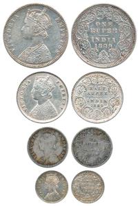 Victoria Empress, Silver (4), Set of 4: Rupee, ½ Rupee, ¼ Rupee and 2 Annas, 1889. Fine to
