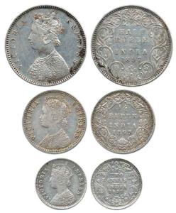 Victoria Empress, Silver (3), ½ Rupee, ¼ Rupee and 2 Annas, 1897, Bombay Mint. Very Fine t