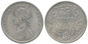 Victoria Queen, Silver Rupee, 1874, Bombay Mint. obv. C1, rev. II, no mint mark. Fine+, Sc