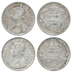 Victoria Empress, Silver Rupee (2), 1882, ’C’ Incuse and the second with dot. About Fine t
