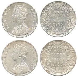Victoria Empress, Silver Rupee (2), 1882 and 1885, Calcutta Mint. Both with ’C’ Incuse min