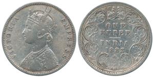 Victoria Empress, Silver Rupee, 1883, Bombay Mint. obv. A3, rev. 1, no mint mark (Mule). F