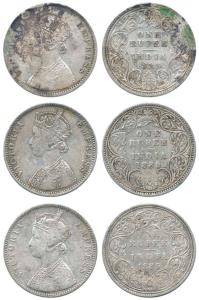 Victoria Empress, Silver Rupee (3), 1885 (2) and 1883 (1), 1885 ’B’ raised and ’B’ Incuse,