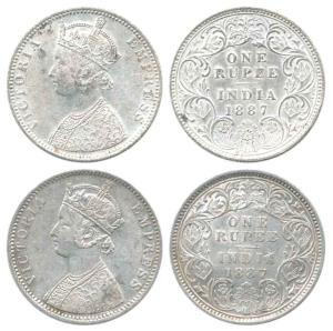 Victoria Empress, Silver Rupee (2), 1887, ’C’ Incuse and ’B’ raised. Very Fine to Very Fin