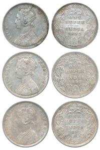 Victoria Empress, Silver Rupee (3), 1892, ’B’ raised (Rare), ’C’ Incuse and ’B’ Incuse. Fi