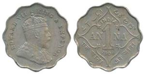 Edward VII, Cupro-nickel, One Anna, 1909, ’B’ Incuse. Very Fine+, Rare.