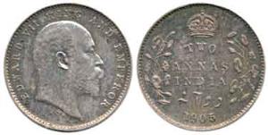 Edward VII, Proof Silver, 2 Annas, 1905 (Prid #563). Proof Restrike, Scarce.