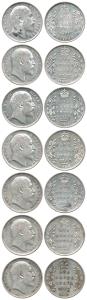 Edward VII, Silver Rupee (7), 1903, 1904, 1905, 1906, 1907, 1908 and 1910. Very Fine to Ex