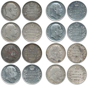 Edward VII, Silver Rupee (8), 1903 to 1910. About Very Fine. (8)