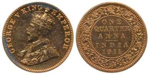George V, Proof Copper, ¼ Anna, 1911. Proof Restrike, Scarce.