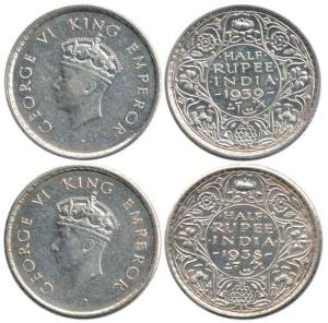George VI, Silver ½ Rupee (2), 1938 and 1939, Bombay Mint. About Very Fine. (2)