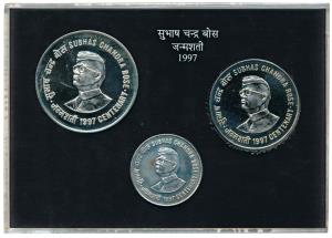 1997 Proof Set, Subhas Chandra Bose Centenary, set of 3 pcs. Rs. 10 to Rs. 100. Within ori