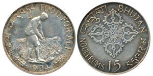 Bhutan, Silver Rupees 10, 1974 Food For All, peasant working in a paddy field on obv. Unci