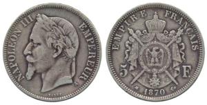 France, 5 Francs, Napoleon III, Crown 1870 A. Very Fine.