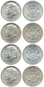USA, Silver Kennedy ½ Dollar (4), 11.5g, 1968, .4 fine. Extremely Fine to About Uncirculat