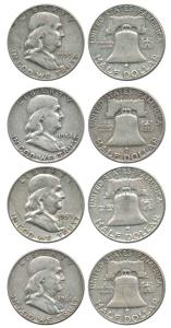USA, Silver Franklin ½ Dollar, Liberty bell on rev., 1953, 1954, 1959, 1961. Very Fine. (4