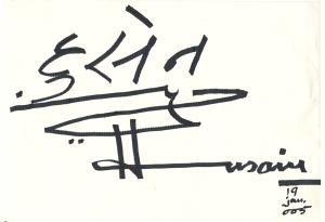Autograph of M. F. Hussain on Art Paper in black marker ink in Gujarati, Urdu, English, da