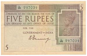 George V, Rupees 5, 1st issue, 1925, signed H. Denning, (Jhun #4.1A). Very Fine+, Scarce.