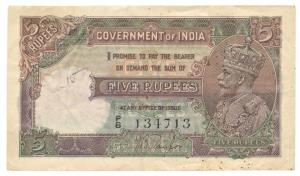 George V, Rupees 5, 2nd issue, 1933, signed J. B. Taylor, thin paper variety, (Jhun# 5.1A)