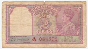 George VI, Rupees 2, 1949, signed C. D. Deshmukh, Red Serial number (Jhun #2.3). Fine, Rar