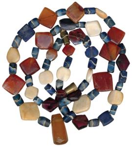 Ancient Beads, (c.100-1,000 BC), probably used for jewellery. A newly strung necklace made