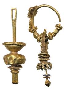 Ancient Gold Jewellery, (c. 100-300 AD), two hanging ear ornaments, one with an intricate 