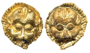 Gold Jewellery, A repose pendant with the face of Lord Hanuman, Karnataka area, 2.28 g. Ve