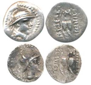 Indo-Greek, Baktria, Eukratides I, (c. 171-145 BC), Silver Obol (2), helmeted, diademed an