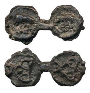 Kaushambi region, (c. 300-200 BC), Copper Kakani, a pair of coins joined together during t