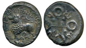Satavahanas, Shri Satavahana, (c. 1st century BC) Copper 6.63 g, Junnar-Lion type, a lion 