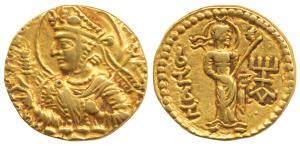 Kushanas, Huvishka, (AD 152-192), Gold Dinar, obv. nimbate, diademed and crowned half-leng