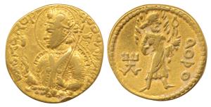 Kushanas, Huvishka, (AD 152-192), Gold Dinar, obv. nimbate, diademed and crowned half-leng