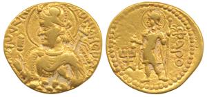 Kushanas, Huvishka, (AD 152-192), Gold Dinar, obv. nimbate, diademed and crowned half-leng